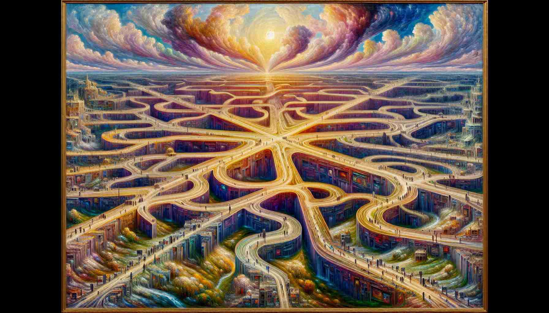 A hyper-realistic, high-definition depiction of a concept known as 'AI's Unintended Diversions': Envision a large, complex central path signifying the intended direction of an AI algorithm. This path is flanked by numerous smaller, intricate detours representing diversions, each one unique and detailed. Set the entire scene within a backdrop that encapsulates the artistic style of the impressionist era, inclusive of vibrant colors, visible brush strokes and emphasis on the accurate depiction of light, reminiscent of an artist active before 1912. The medium used should primarily be oil paint on canvas.