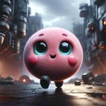 Generate a high-definition, realistic depiction of a small round character set against a dystopian world backdrop. The character is pink, with cheeky rosy circles on their face, bright blue eyes, and petite arms and feet. They have an adventurous gleam in their eye despite the dystopian world. The surroundings are mysterious, with cracked buildings, dark skies, and rusting futuristic technology. The overall ambiance should appear grim yet still vibrant with the tiny touch of innocent liveliness from the character.