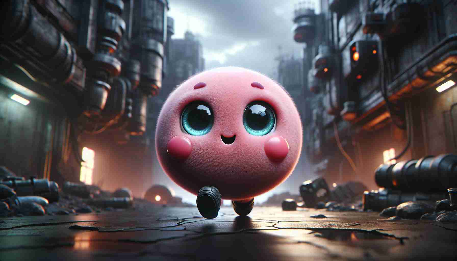 Generate a high-definition, realistic depiction of a small round character set against a dystopian world backdrop. The character is pink, with cheeky rosy circles on their face, bright blue eyes, and petite arms and feet. They have an adventurous gleam in their eye despite the dystopian world. The surroundings are mysterious, with cracked buildings, dark skies, and rusting futuristic technology. The overall ambiance should appear grim yet still vibrant with the tiny touch of innocent liveliness from the character.