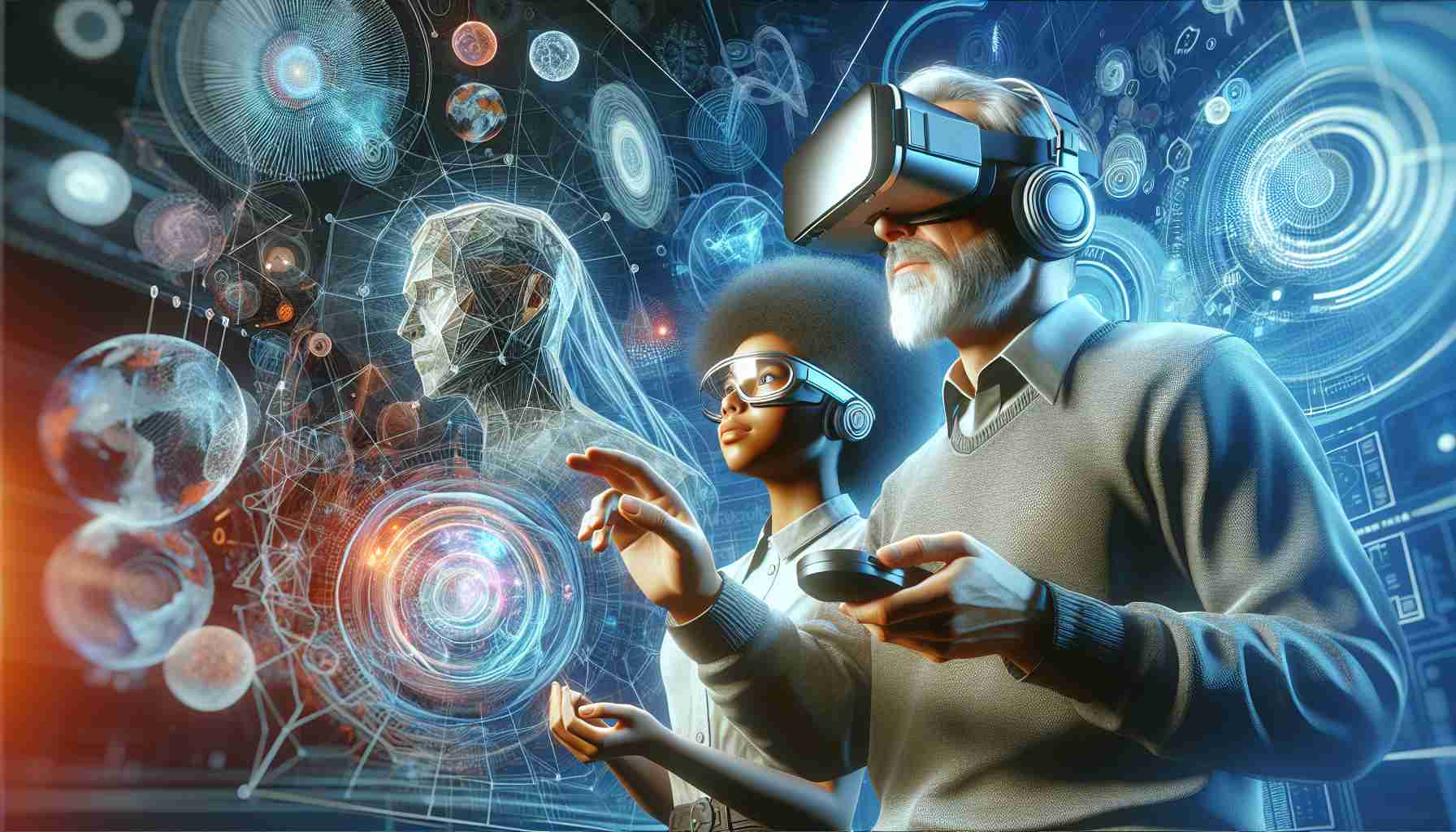 Illustration of an immersive high-definition scenario showcasing the exploration of the new age of virtual reality headsets. Picture a futuristic scene where a middle-aged Caucasian male and a young Black female are interacting with a high-tech VR headset. The virtual reality environment envelope them, displaying immersive 3D shapes, colors, textures and digital landscapes. Focus should be on the intricate design of the VR headset, displaying sophistication and a futuristic feel.