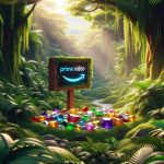 Realistic high-definition image of a metaphorical representation of 'Hidden Gems' inside a jungle representing Amazon Prime Video. The 'gems' could be symbolized as small, colorful, shining objects neatly tucked within the dense foliage of a picturesque, vibrant rainforest. The rainforest represents the vast content library of Amazon Prime Video.  Make sure to include a hint of the Amazon Prime Video logo on a signpost within the jungle. Maintain the brightness and color vibrancy throughout the image to emphasize the luscious atmosphere of the 'Amazon' and the 'gems' therein.