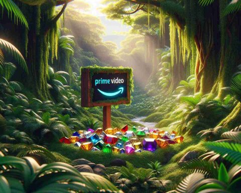 Realistic high-definition image of a metaphorical representation of 'Hidden Gems' inside a jungle representing Amazon Prime Video. The 'gems' could be symbolized as small, colorful, shining objects neatly tucked within the dense foliage of a picturesque, vibrant rainforest. The rainforest represents the vast content library of Amazon Prime Video.  Make sure to include a hint of the Amazon Prime Video logo on a signpost within the jungle. Maintain the brightness and color vibrancy throughout the image to emphasize the luscious atmosphere of the 'Amazon' and the 'gems' therein.