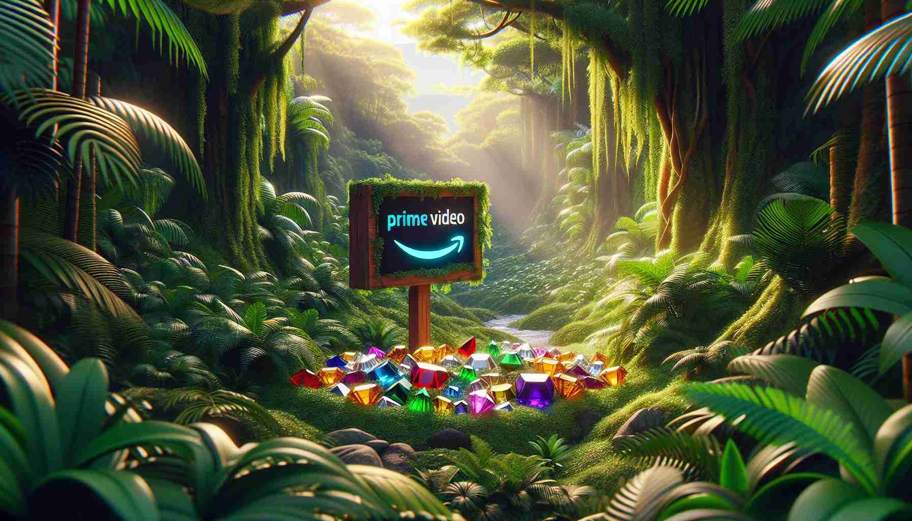 Realistic high-definition image of a metaphorical representation of 'Hidden Gems' inside a jungle representing Amazon Prime Video. The 'gems' could be symbolized as small, colorful, shining objects neatly tucked within the dense foliage of a picturesque, vibrant rainforest. The rainforest represents the vast content library of Amazon Prime Video.  Make sure to include a hint of the Amazon Prime Video logo on a signpost within the jungle. Maintain the brightness and color vibrancy throughout the image to emphasize the luscious atmosphere of the 'Amazon' and the 'gems' therein.