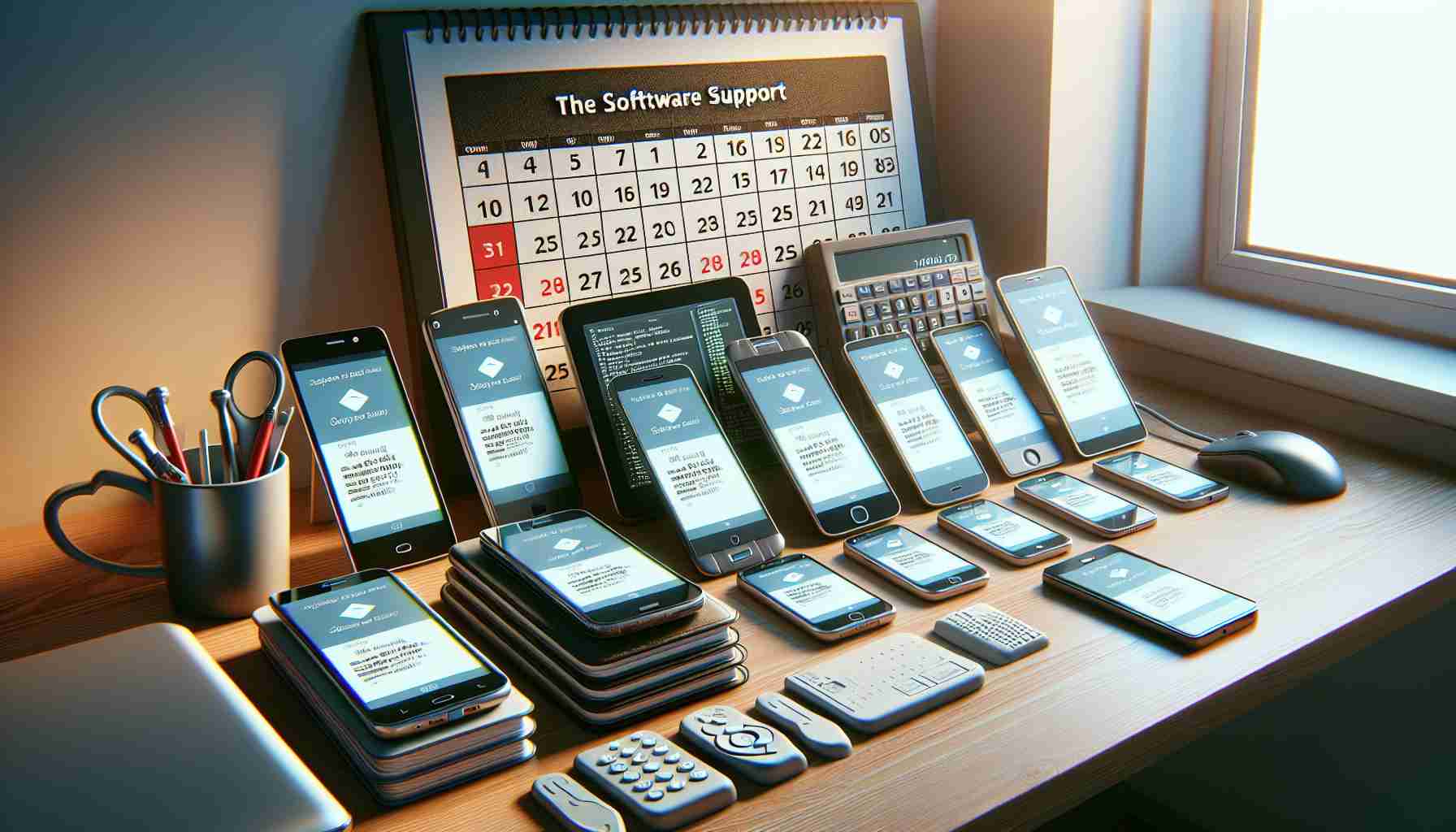 High-resolution, realistic image depicting the concept of 'The Software Support Dilemma in Budget Smartphones'. This should include a series of inexpensive smartphones aligned on a desk with visible signs of wear and tear, highlighted by a calendar on the background marking the release dates of major software updates, signifying the phones are no longer up to date. On the screen of the smartphones, show notification messages about incompatible updates. The image should capture the struggle of keeping up with technology's rapid evolution while being limited by a tight budget.