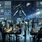 A high-definition, realistic scene of a multi-ethnic diverse group of scientists in a state-of-the-art laboratory working on decoding signals from space. The laboratory is filled with high-tech equipment such as large screens displaying complex data, advanced telescopes, and powerful computers. The atmosphere is tense but collaborative, with individuals of different genders and descents engaged in deep conversation over their findings, pointing at screens, analyzing graphs and sharing theories. The backdrop is a large window overlooking the dark sky filled with twinkling stars, symbolizing the vastness of space they are exploring.