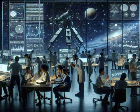 A high-definition, realistic scene of a multi-ethnic diverse group of scientists in a state-of-the-art laboratory working on decoding signals from space. The laboratory is filled with high-tech equipment such as large screens displaying complex data, advanced telescopes, and powerful computers. The atmosphere is tense but collaborative, with individuals of different genders and descents engaged in deep conversation over their findings, pointing at screens, analyzing graphs and sharing theories. The backdrop is a large window overlooking the dark sky filled with twinkling stars, symbolizing the vastness of space they are exploring.