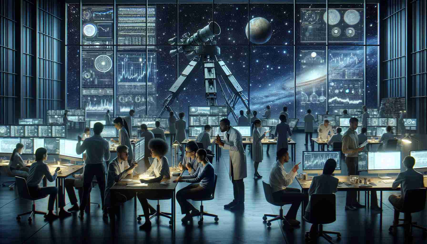 A high-definition, realistic scene of a multi-ethnic diverse group of scientists in a state-of-the-art laboratory working on decoding signals from space. The laboratory is filled with high-tech equipment such as large screens displaying complex data, advanced telescopes, and powerful computers. The atmosphere is tense but collaborative, with individuals of different genders and descents engaged in deep conversation over their findings, pointing at screens, analyzing graphs and sharing theories. The backdrop is a large window overlooking the dark sky filled with twinkling stars, symbolizing the vastness of space they are exploring.