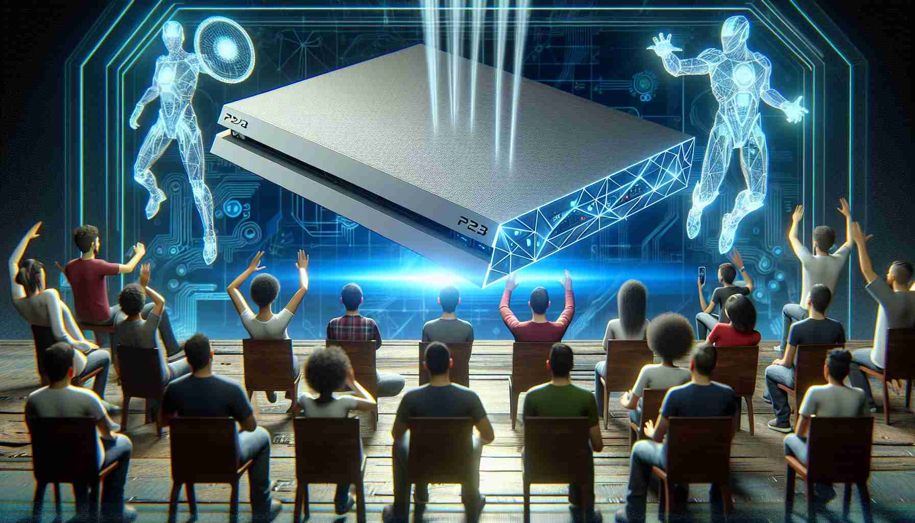 Imagine a realistic high-definition image of a futuristic gaming console, predicted to be an upgraded version of a current popular platform. Illustrate the anticipation and excitement felt by gamers around the world as they await the opening of pre-orders. The image showcases the sleek and modern design of the console, possibly represented through 3D projection or holographic display in a futuristic setting. Also include people of different genders and descents eagerly discussing and expressing their excitement over the expected features of this advanced gaming device.