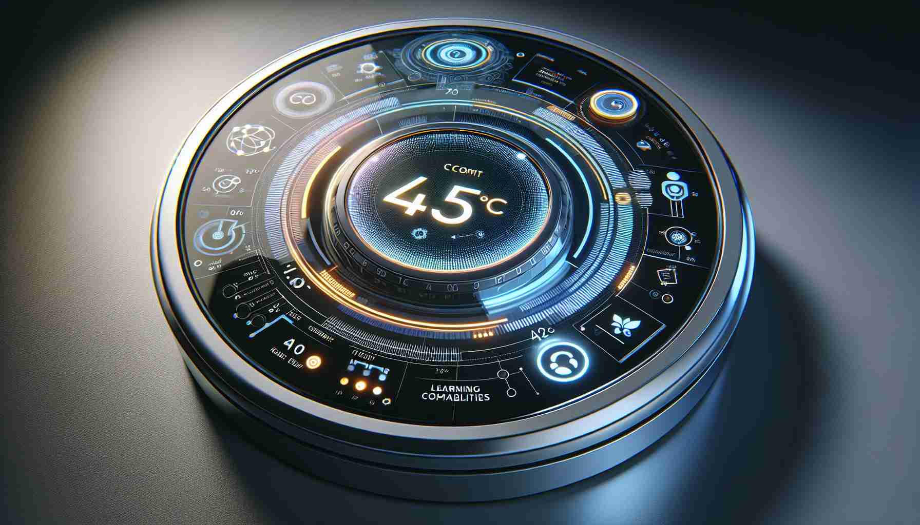 A high-definition, photorealistic depiction of exploring a generic, advanced 4th generation smart thermostat. The thermostat is round, has a mirror-like finish, and a touch-sensitive, color display. On the display, one can see a temperature setting and other related options, demonstrating its learning capabilities and high-tech features.