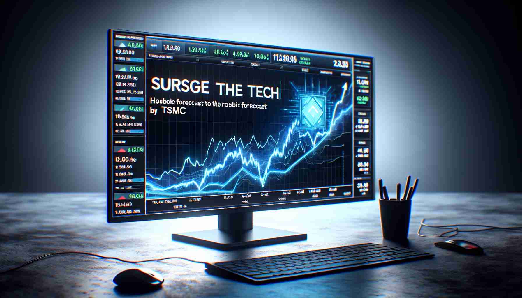 A high-definition, realistic image of a screen displaying a surge in chip stocks in the tech sector. The screen shows graphs with sharp, upward trends and names of various chip-making companies. Also visible is a headline, reflecting the robust forecast by TSMC, causing excitement and optimism among tech investors.