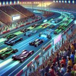 Illustration of a metaphorical depiction of the mobile chip market with numerous chip manufacturers represented as different types of futuristic vehicles on a racetrack. The vehicles should be sleek, modern and indicative of a high-tech environment. The racetrack is filled with twists and sharp turns to represent the intense competition. A large crowd in a variety of clothing styles and colors, representing consumers, are eagerly watching the race. Bright lights, large digital screens showing real-time updates, and blurred background suggesting speed and movement should also be present in the image.