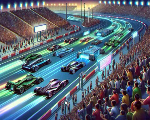 Illustration of a metaphorical depiction of the mobile chip market with numerous chip manufacturers represented as different types of futuristic vehicles on a racetrack. The vehicles should be sleek, modern and indicative of a high-tech environment. The racetrack is filled with twists and sharp turns to represent the intense competition. A large crowd in a variety of clothing styles and colors, representing consumers, are eagerly watching the race. Bright lights, large digital screens showing real-time updates, and blurred background suggesting speed and movement should also be present in the image.