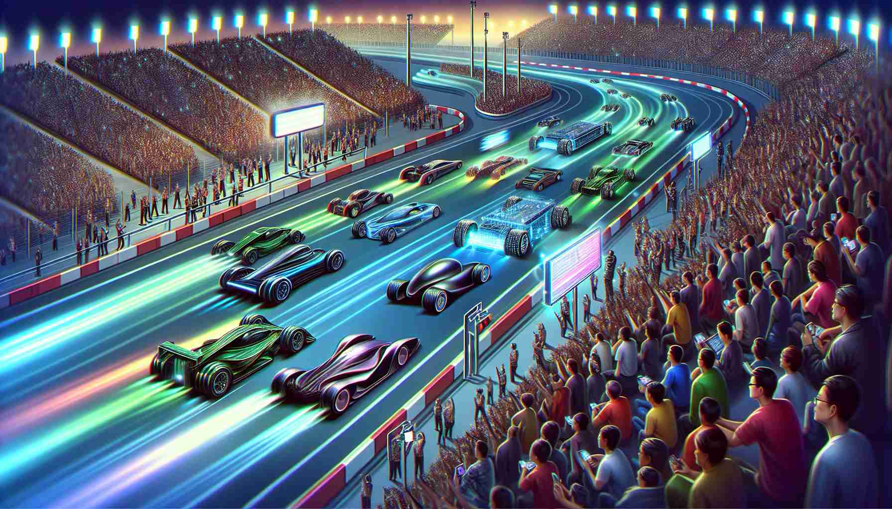 Illustration of a metaphorical depiction of the mobile chip market with numerous chip manufacturers represented as different types of futuristic vehicles on a racetrack. The vehicles should be sleek, modern and indicative of a high-tech environment. The racetrack is filled with twists and sharp turns to represent the intense competition. A large crowd in a variety of clothing styles and colors, representing consumers, are eagerly watching the race. Bright lights, large digital screens showing real-time updates, and blurred background suggesting speed and movement should also be present in the image.