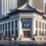 A high-definition, realistic image of a generic central bank building with architecture influenced by East Asian styles. The board outside the bank displays 'Major Funding Initiative for Financial Markets' in both Chinese and English languages. Sky is clear and the street bustling with financial activity.