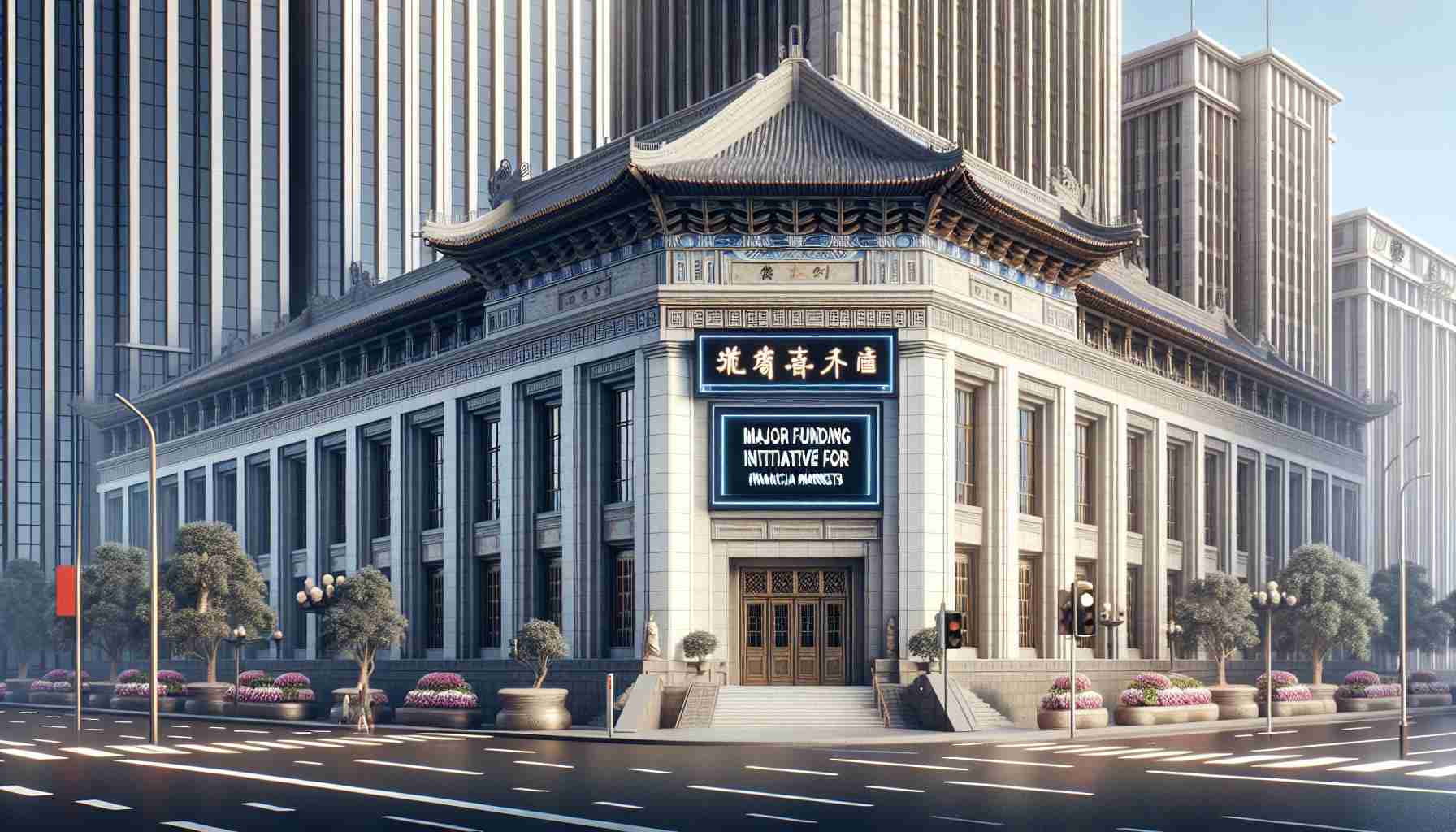 A high-definition, realistic image of a generic central bank building with architecture influenced by East Asian styles. The board outside the bank displays 'Major Funding Initiative for Financial Markets' in both Chinese and English languages. Sky is clear and the street bustling with financial activity.