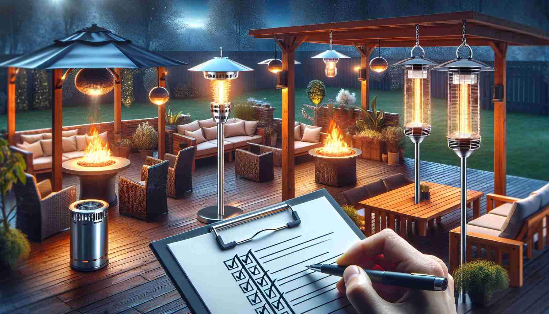 Depict a high-definition, realistic scene in which multiple types of outdoor heating solutions are displayed side by side. This includes a stainless steel patio heater, a fire pit with flames dancing, and a hanging infrared heater mounted on a wooden gazebo. Each heating solution is set up in a different part of a large outdoor area, decorated with plants, outdoor furnitures, and lit by the evening light, highlighting their effectiveness. Adjacent to these heating solutions, show a hand holding a pen ticking checkboxes on a clipboard — clearly conveying the process of choosing the right outdoor heating solution.