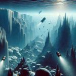 Generate a realistic high-definition image depicting an underwater exploration of the ocean beneath the icy surface of Europa, one of Jupiter's moons. Show the interesting alien underwater landscape with unusual geologic formations, potentially life-hosting environments, and light filtering from the ice above. The view takes in the depths of the alien ocean with submersibles navigating the terrain.