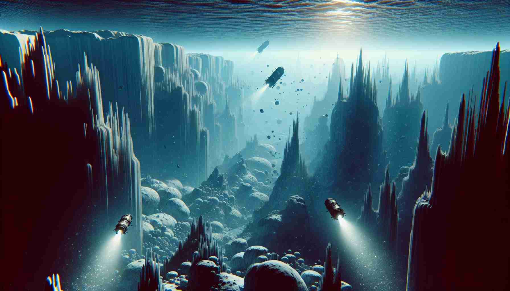 Generate a realistic high-definition image depicting an underwater exploration of the ocean beneath the icy surface of Europa, one of Jupiter's moons. Show the interesting alien underwater landscape with unusual geologic formations, potentially life-hosting environments, and light filtering from the ice above. The view takes in the depths of the alien ocean with submersibles navigating the terrain.