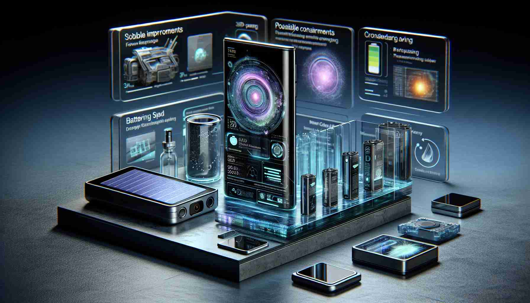 A highly detailed, realistic image depicting possible features and enhancements for future smartphone upgrades. The image shows a sleek concept smartphone with advanced improvements such as a 3D Scanning camera, a solar-powered battery, a transparent screen, and a water-resistant casing. Additionally, presentation boards are seen in the background to display various considerations such as battery life, processing speed, and memory capacity. The overall setting is futuristic and technologically advanced.