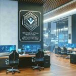 Depict a realistic and high-definition image of an office in Dubai with a plaque that reads 'VARA Achieves Optimal Regulatory Pace for Crypto Licenses'. The office should be modern and sleek, filled with elements of technology like computers and smart screens displaying cryptocurrency data. The plaque stands out, mounted on a wall, signifying an important milestone.