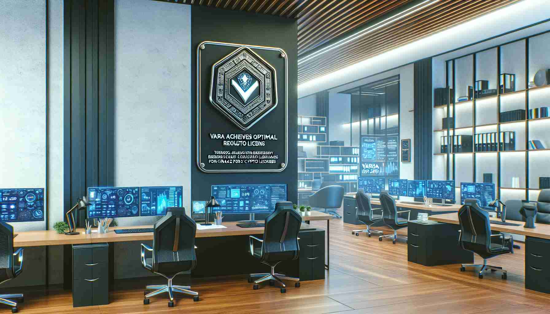 Depict a realistic and high-definition image of an office in Dubai with a plaque that reads 'VARA Achieves Optimal Regulatory Pace for Crypto Licenses'. The office should be modern and sleek, filled with elements of technology like computers and smart screens displaying cryptocurrency data. The plaque stands out, mounted on a wall, signifying an important milestone.