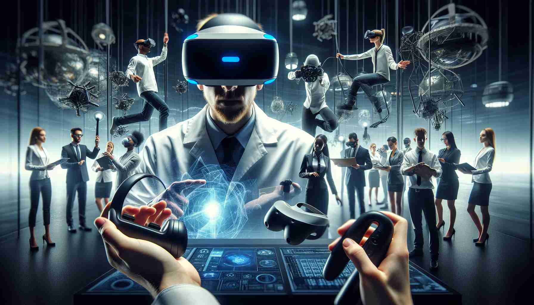 A high-definition and realistic image of cutting-edge technology being used in the field of Extended Reality (XR). It should display the latest gadgets, like headsets and controllers, that facilitate immersive experiences in virtual, augmented, and mixed reality. Also, show professionals from various descents and genders testing and demonstrating the technology to highlight its interactive nature and the curiosity it evokes. The overall scene should convey the feeling of excitement and anticipation for the future of XR technology.