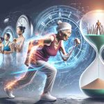 Generate a realistic high-definition image that symbolizes the idea of 'Rethinking Life Expectancy: A New Perspective on Longevity'. It may feature concepts such as an elderly Asian woman defying her age by performing intense physical activities, a futuristic medical technology advancing the human lifespan, and the subtle passage of time indicated by an hourglass or clock.