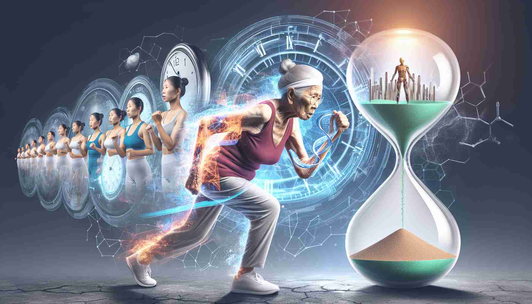 Generate a realistic high-definition image that symbolizes the idea of 'Rethinking Life Expectancy: A New Perspective on Longevity'. It may feature concepts such as an elderly Asian woman defying her age by performing intense physical activities, a futuristic medical technology advancing the human lifespan, and the subtle passage of time indicated by an hourglass or clock.