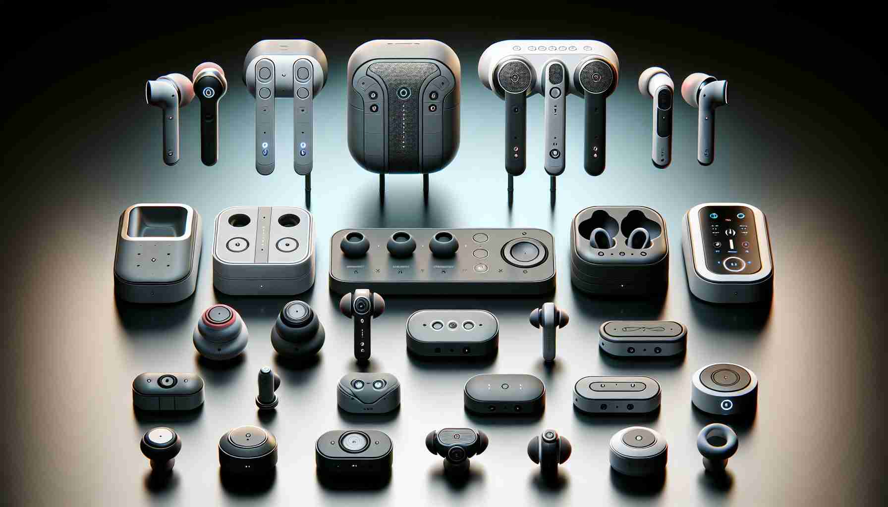 Generate a realistic high-definition image showcasing a variety of top true-wireless earbuds from the year 2023. There should be several unique designs included, each with innovative features like touch controls, noise cancellation, and superior sound quality. The earbuds should be prominently displayed against a clean and modern background.