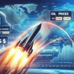 Generate a hyper-realistic image which depicts the concept of surging global oil prices amid geopolitical tensions. Visualize this concept through a graph showing a sharp ascent in oil prices, set against the backdrop of a world map symbolizing the global aspect. Overlay the scene with news-style banners or tickers expressing the idea of escalating tensions in headline terms. Include elements like a roller coaster or rocket shooting upwards to signify the surge. The image should have a high-definition quality.