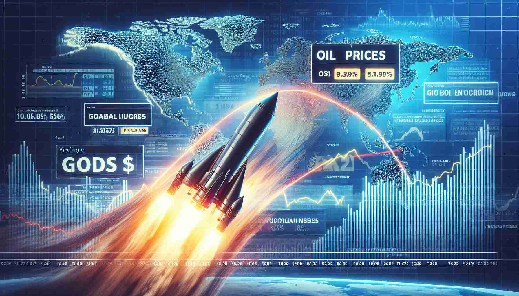 Generate a hyper-realistic image which depicts the concept of surging global oil prices amid geopolitical tensions. Visualize this concept through a graph showing a sharp ascent in oil prices, set against the backdrop of a world map symbolizing the global aspect. Overlay the scene with news-style banners or tickers expressing the idea of escalating tensions in headline terms. Include elements like a roller coaster or rocket shooting upwards to signify the surge. The image should have a high-definition quality.