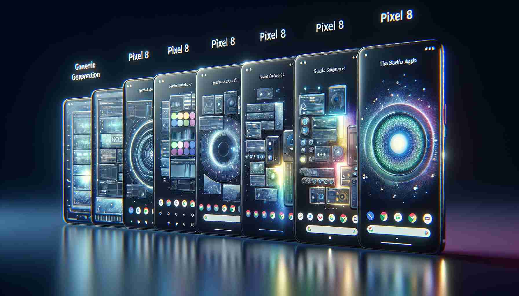 Generate a realistic HD image that depicts the expansion of a generic technology company's Studio App, designed for a series of smartphones called Pixel, from the initial version to the advanced Pixel 8 devices. The image should convey the technological advancement and sophistication from the earliest model to the Pixel 8. Features of the different generations of devices and the app interface could be shown.