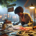 A detailed, high-definition image of a detective using forensic tools to uncover a sign theft scheme in a small, quaint town named Springfield. The scene showcases the detective, a middle-aged Black woman, meticulously studying a stolen sign under bright lighting. The stolen signs are scattered around her. The ambiance is reminiscent of a gripping detective movie, with a sense of urgency combined with calculated precision. The setting of Springfield is represented by a typical small town backdrop with leafy trees, vintage houses, and a peaceful environment.