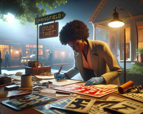 A detailed, high-definition image of a detective using forensic tools to uncover a sign theft scheme in a small, quaint town named Springfield. The scene showcases the detective, a middle-aged Black woman, meticulously studying a stolen sign under bright lighting. The stolen signs are scattered around her. The ambiance is reminiscent of a gripping detective movie, with a sense of urgency combined with calculated precision. The setting of Springfield is represented by a typical small town backdrop with leafy trees, vintage houses, and a peaceful environment.