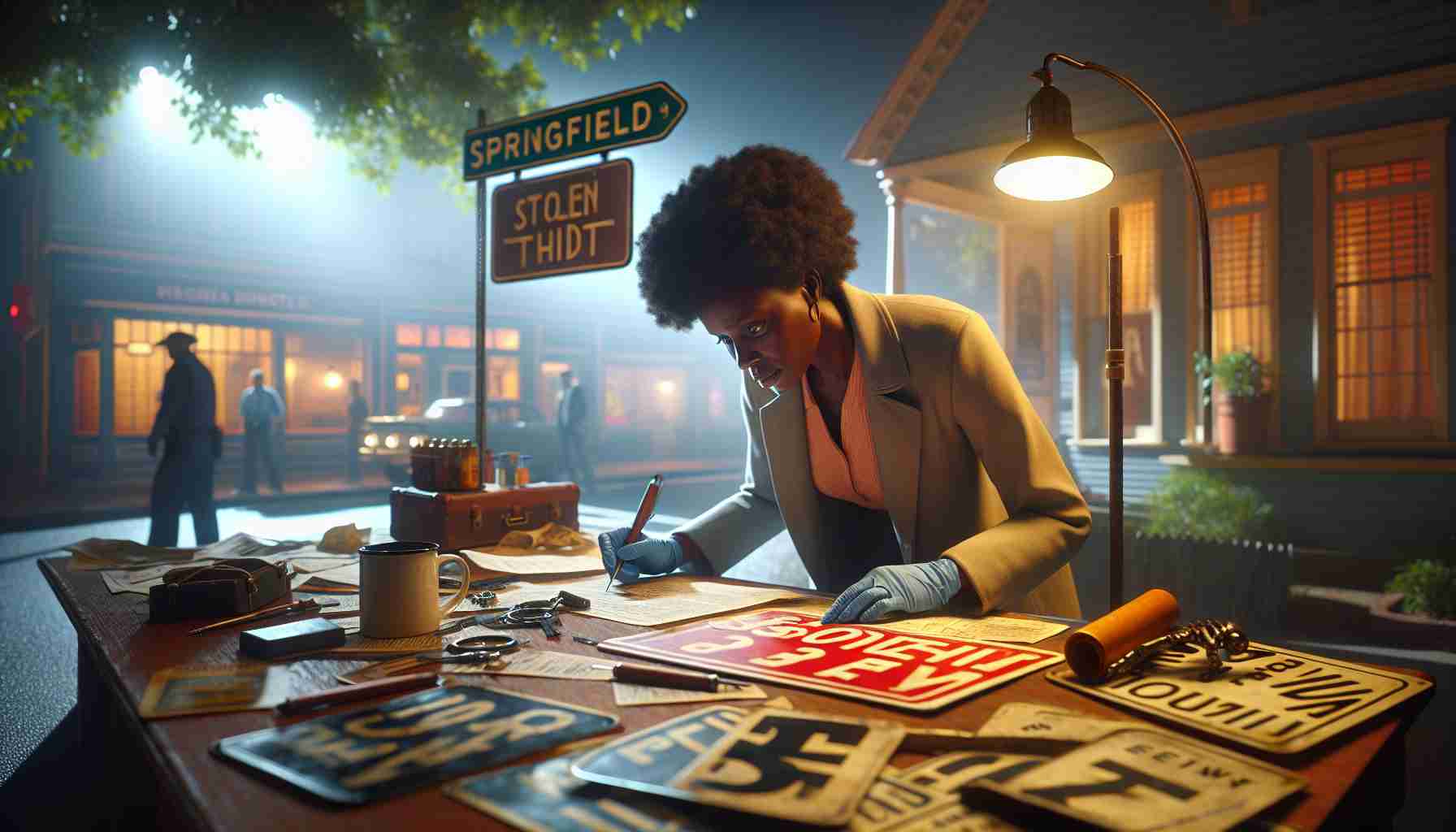 A detailed, high-definition image of a detective using forensic tools to uncover a sign theft scheme in a small, quaint town named Springfield. The scene showcases the detective, a middle-aged Black woman, meticulously studying a stolen sign under bright lighting. The stolen signs are scattered around her. The ambiance is reminiscent of a gripping detective movie, with a sense of urgency combined with calculated precision. The setting of Springfield is represented by a typical small town backdrop with leafy trees, vintage houses, and a peaceful environment.