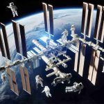 Generate a realistic, high-definition image portraying the concept of vigilance amid concerns related to the International Space Station. The illustration should represent a view of Earth from space with the Space Station in the foreground. Multiple astronauts of diverse genders and descents should be meticulously performing tasks, exemplifying diligence, attention, and a sense of responsibility.