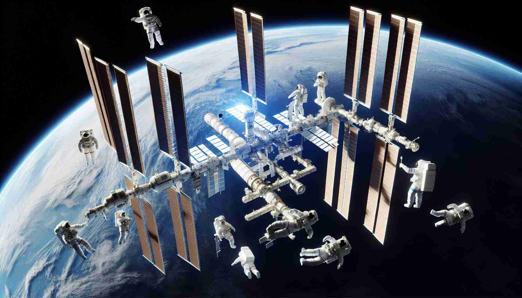 Generate a realistic, high-definition image portraying the concept of vigilance amid concerns related to the International Space Station. The illustration should represent a view of Earth from space with the Space Station in the foreground. Multiple astronauts of diverse genders and descents should be meticulously performing tasks, exemplifying diligence, attention, and a sense of responsibility.