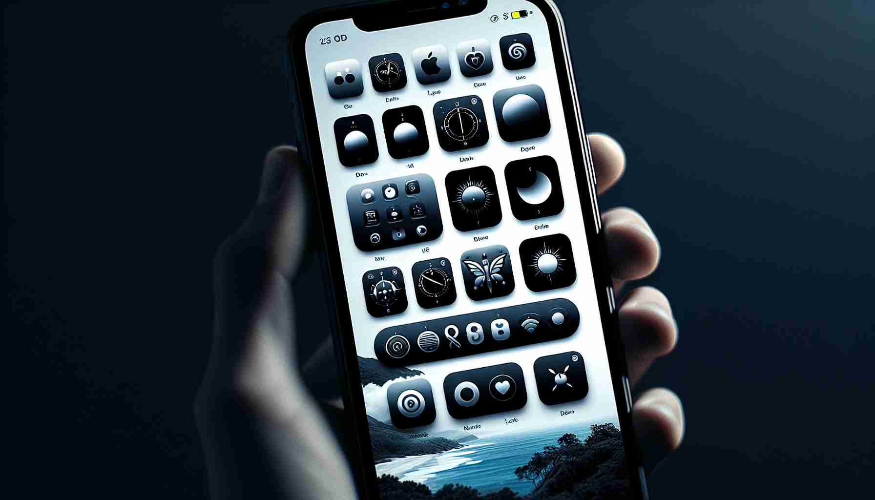 Create an accurate and high definition image showcasing an iOS home screen. The screen should be transformed with dark mode icons, giving an aura of elegance and minimalism. Each icon is to be meticulously designed with striking precision, with emphasis on maintaining readability while optimizing for darker color themes. The icons should reflect the iOS aesthetic in terms of shaping and dimensioning while demonstrating a soothing yet engaging visual with the help of dark mode colors.