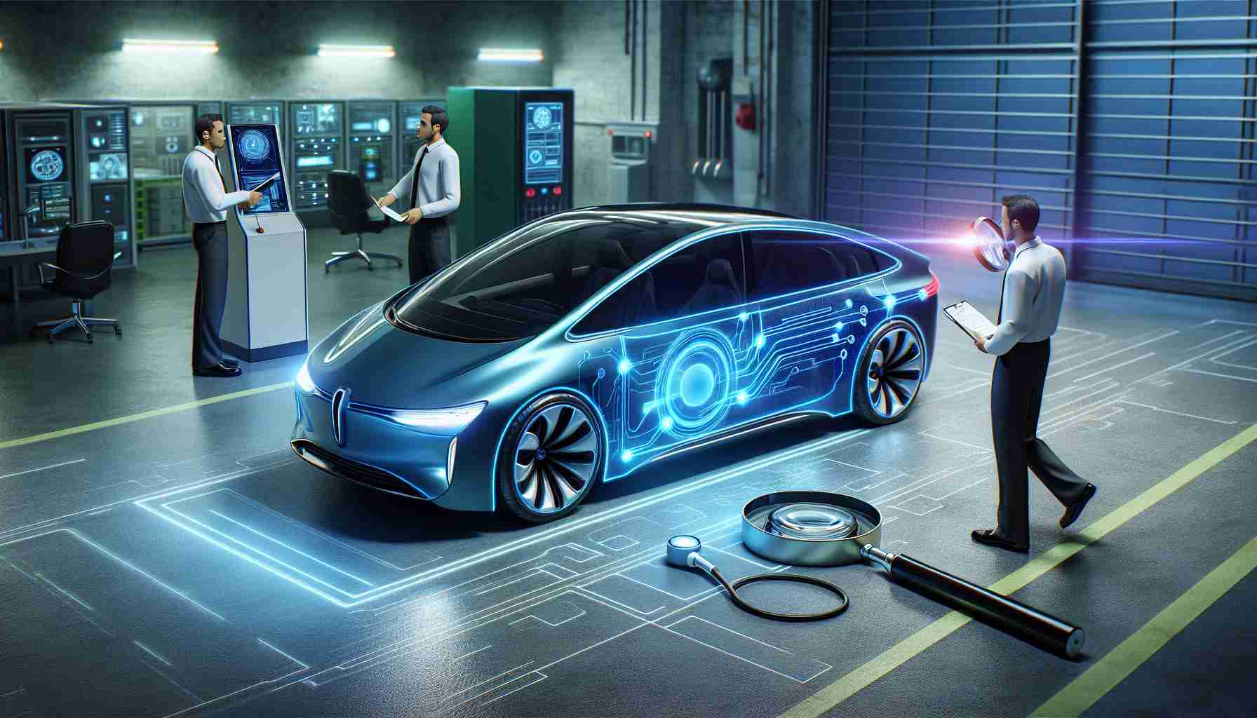 Realistic high-definition image of an investigation being initiated into a fictional autonomous driving system visually similar to contemporary electric automobiles.