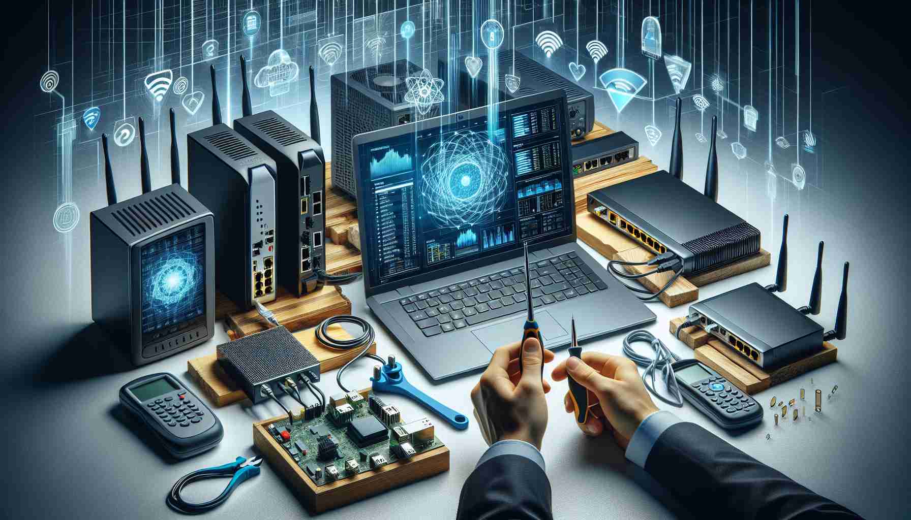 Image representing a realistic, high-definition scenario of troubleshooting Wi-Fi performance issues with new wireless routers. The scene includes several strategically laid-out routers of various brands and models, a laptop displaying network analytics, and a pair of hands holding tools for network installation and testing such as cable testers and diagnostic software. The atmosphere should evoke focus and concentration.