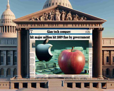 A high-definition, realistic image depicting a news headline stating 'Giant Tech Company and Major Bank Hit with $89 Million Fine by Government'. Include a symbolic representation of a large tech company (perhaps an apple) and a prominent financial institution (a historical building), set against a backdrop of important governmental architecture.