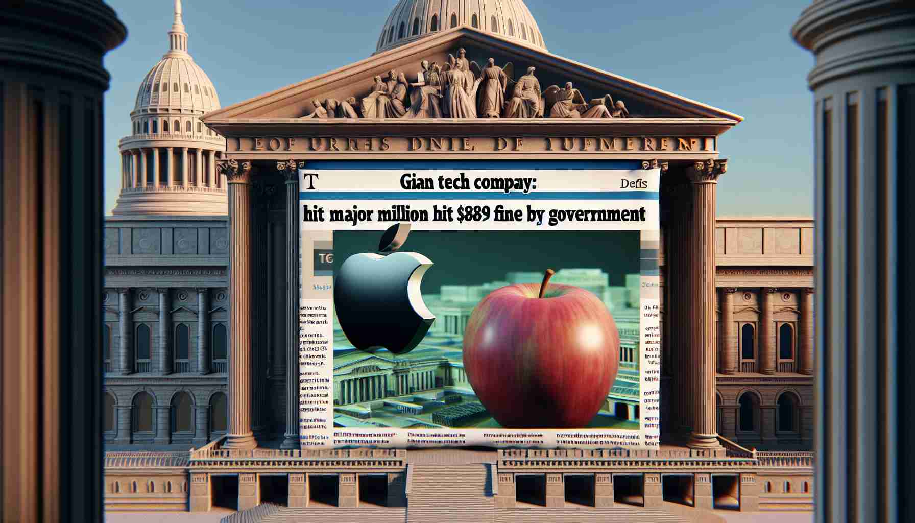 A high-definition, realistic image depicting a news headline stating 'Giant Tech Company and Major Bank Hit with $89 Million Fine by Government'. Include a symbolic representation of a large tech company (perhaps an apple) and a prominent financial institution (a historical building), set against a backdrop of important governmental architecture.