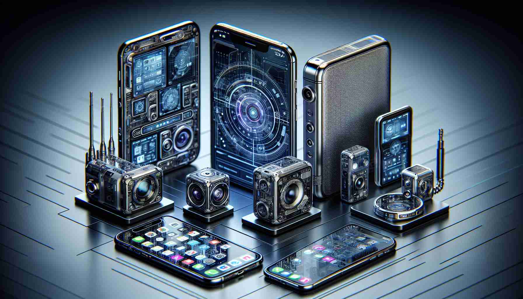 Highly detailed and realistic image of a selection of cutting-edge tech gadgets, interpreted as the latest generation of smart devices, presented against a sleek modern backdrop. The devices feature innovative characteristics like slim designs, vibrant displays, high-performance cameras and sophisticated touch-interfaces. This visualization represents the excitement and anticipation surrounding newly revealed tech products.