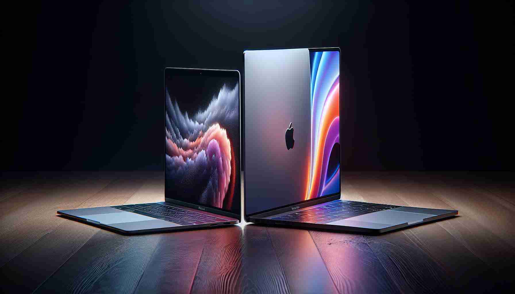 A high definition realistic illustration showcasing the differences between two varieties of laptops- MacBook Air and MacBook Pro. On one side is the ultra-sleek, lightweight, and silver-colored MacBook Air with its stunning Retina display, and a logo on the back. On the other side is the powerful, Space Grey-colored MacBook Pro featuring a Touch Bar, vivid screen, and slightly more substantial build. They are displayed side by side for comparison, perhaps on a sleek, modern desk with ambient lighting reflecting off their polished surfaces.