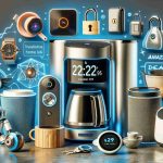 Generate a realistic, high-definition image showcasing a variety of innovative home gadgets. Among them, let's have a few interesting gadgets that could pique the viewer's interest, such as a futuristic-looking coffee maker, a voice-activated home assistant device, a small robot for various home tasks, and a smart-lock system beside some promotional text stating 'Amazing Deals'. Keep the atmosphere excited and inviting, with the promise of transformative home living.