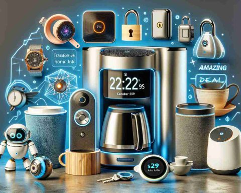 Generate a realistic, high-definition image showcasing a variety of innovative home gadgets. Among them, let's have a few interesting gadgets that could pique the viewer's interest, such as a futuristic-looking coffee maker, a voice-activated home assistant device, a small robot for various home tasks, and a smart-lock system beside some promotional text stating 'Amazing Deals'. Keep the atmosphere excited and inviting, with the promise of transformative home living.