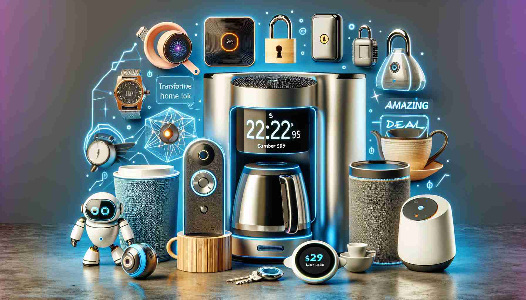 Generate a realistic, high-definition image showcasing a variety of innovative home gadgets. Among them, let's have a few interesting gadgets that could pique the viewer's interest, such as a futuristic-looking coffee maker, a voice-activated home assistant device, a small robot for various home tasks, and a smart-lock system beside some promotional text stating 'Amazing Deals'. Keep the atmosphere excited and inviting, with the promise of transformative home living.