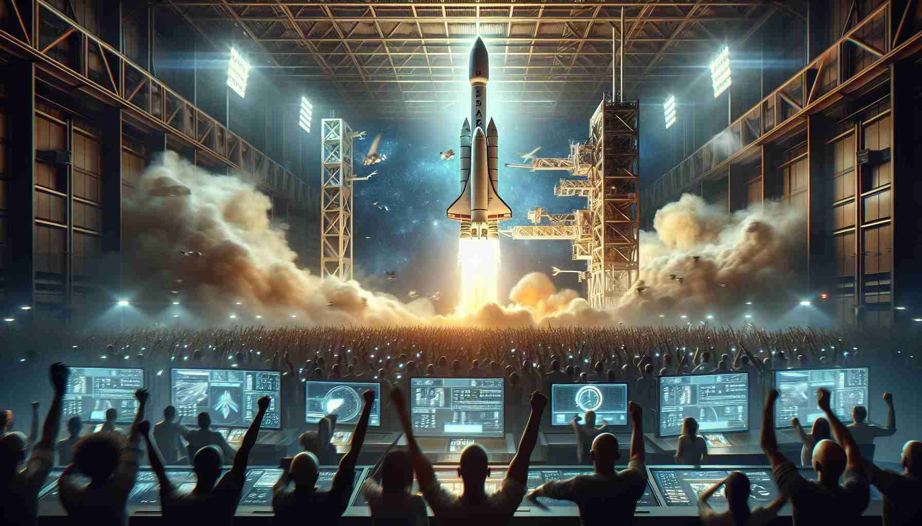 High definition, realistic image of a generalized space exploration company achieving launch milestones. The scene showcases the launch of a cutting-edge, reusable spaceship taking off from the ground, leaving a trail of smoke behind, the crowd around cheered enthusiastically, awestruck witnessing this memorable moment. The logo of the company ought to be visible on the spaceship, large screens scattered around displaying the launch counts down, and the mission control room buzzing with activity.