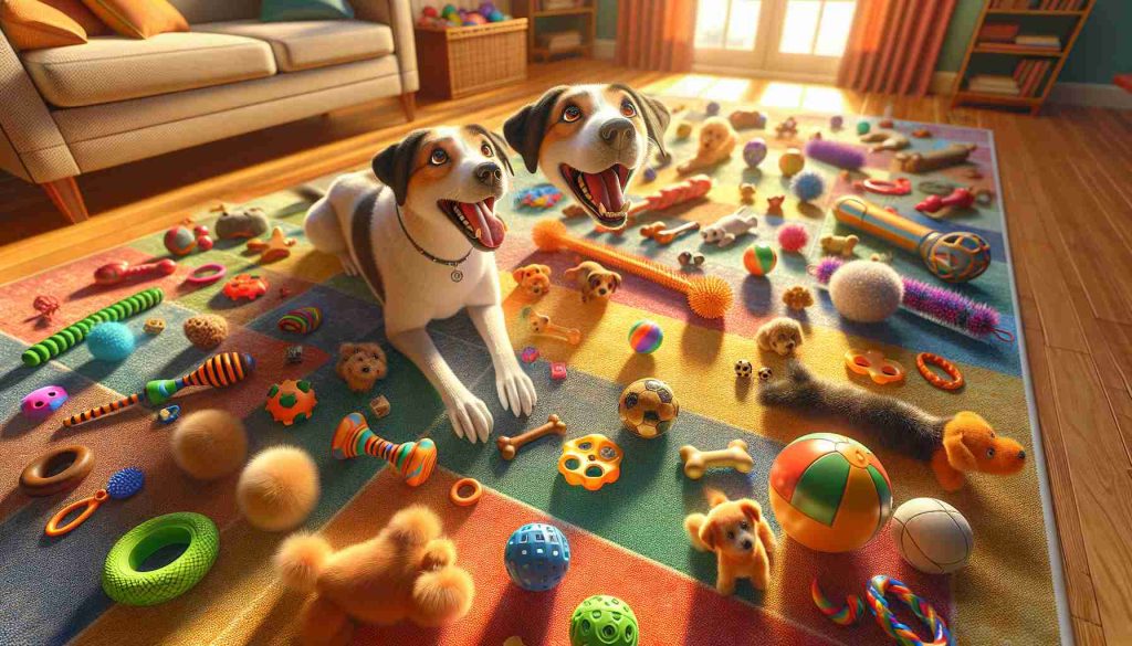 High definition and realistic portrayal of a variety of dog toys spread out on a colorful rug. The rug is set in a warm, sunny room with a large window. Fur toys, rubber toys, balls, and chew toys are some of the shown options. In the midst of these toys is a cheerfully wagging unknown breed dog, its eyes wide with anticipation and excitement as it tries to pick the best toy. The depictions should radiate a sense of warm indoor lighting and vibrant colors that feel inviting and match a lovable canine's playful energy.