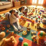 High definition and realistic portrayal of a variety of dog toys spread out on a colorful rug. The rug is set in a warm, sunny room with a large window. Fur toys, rubber toys, balls, and chew toys are some of the shown options. In the midst of these toys is a cheerfully wagging unknown breed dog, its eyes wide with anticipation and excitement as it tries to pick the best toy. The depictions should radiate a sense of warm indoor lighting and vibrant colors that feel inviting and match a lovable canine's playful energy.